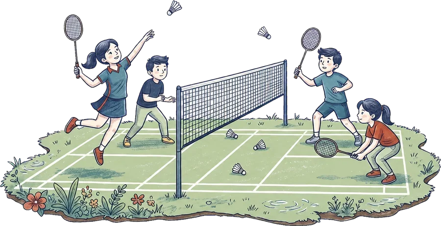 Kids playing badminton on a court